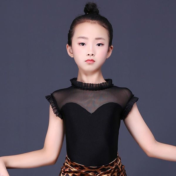 

latin girls black short sleeve ice silk shirts children performance practice clothes salsa tango cha cha dancewear dn3092, Black;red