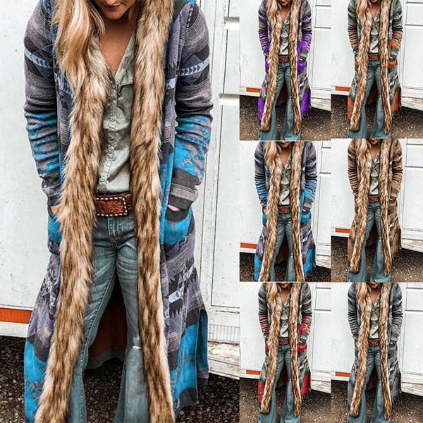

abrigos mujer invierno 2019 winter coat women multicolor print ethnic knit cardard long sleeve fur collar manteau femme, Tan;black