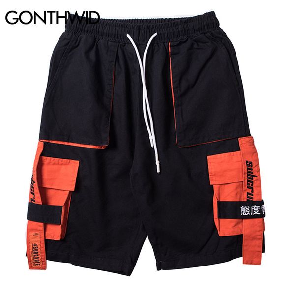 

gonthwid side ribbon multi pockets cargo shorts mens casual summer hip hop baggy streetwear shorts male joggers short trousers, White;black