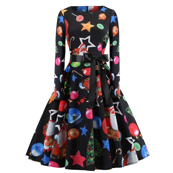 

fashion winter vestido christmas stocking print women's retro christmas dress santa claus print party dresses costumes, Silver