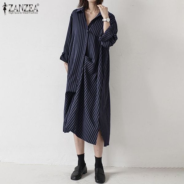 

casual dresses 2021 zanzea long shirts dress for women stripe print maxi turn down collar summer sundress split hem pockets robe, Black;gray