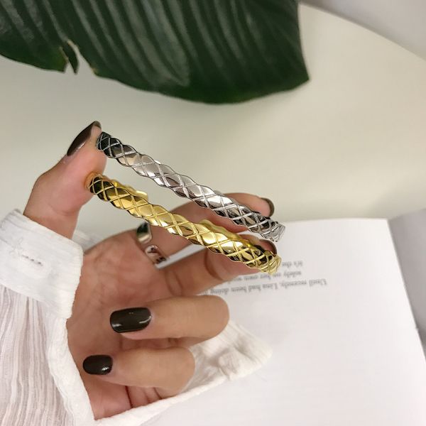 

1pc authentic 925 sterling silver gold / white lattice lattice argyle handmade bangle bracelet cuff bracelets adjust tls236, Golden;silver