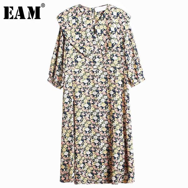 

eam] women white pattern printed big size midi dress new three-quarter sleeve loose fit fashion tide spring summer 2020 1w617, Black;gray