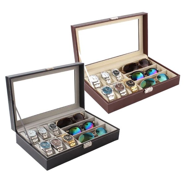 

6 slot leather box men watch glasses display case organizer jewelry storage transparent cover, Black;blue