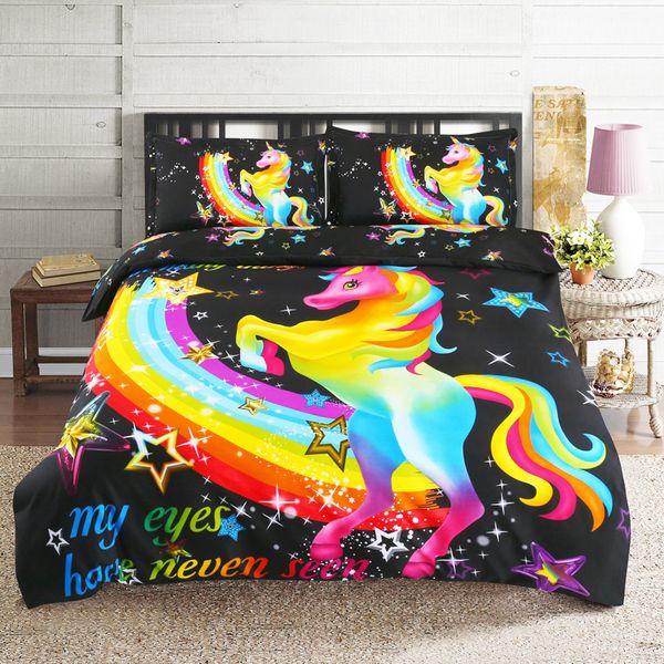 

3d unicorn bedding sets kids cartoon print duvet cover set black color child fashion bed linen twin  kings size drop shipping