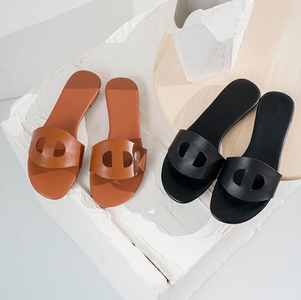 

summer new leather women designer sandals luxury slippers dust bag designer shoes luxury slide summer wide flat sandals slipper, Black