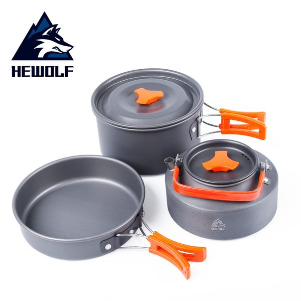 

hewolf 3pcs/set portable outdoor cooking cookware aluminium alloy kettle pot for 2-3 person camping hunting fishing picnic