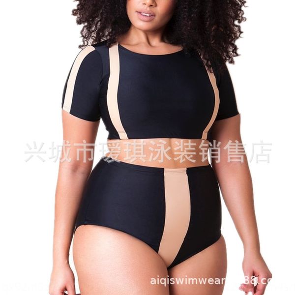

split large size swimsuit fat woman color matching high waist bikini half sleeve swimsuit bikini 14 weight 0.25, White;black
