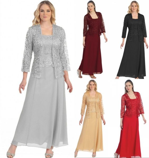 

2019 jewel neck plus size mother of the bride dresses with jacket in stock long sleeves 2 pieces long mother formal party wedding gown, Black;red
