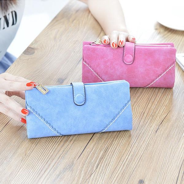 

ladies sweet long money clips pu pure candy color lace wallet frosted clasp zipper clutch bag multifunctional hand bag, Black