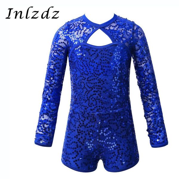

stage wear kids girls gymnastics leotard ballet costume long sleeves shiny sequins keyhole back dance jumpsuit biketard, Black;red