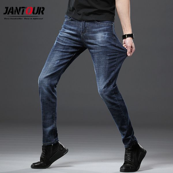 

jantour 2019 new men's classic jeans brand straight homme jean slim fashion distressed design biker pants male fit blue regular