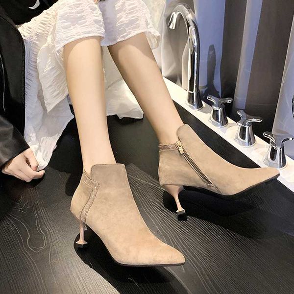 

autumn stiletto thin high heels zipper style womens boots bota feminina pointed toe faux leather green boot u22-09, Black