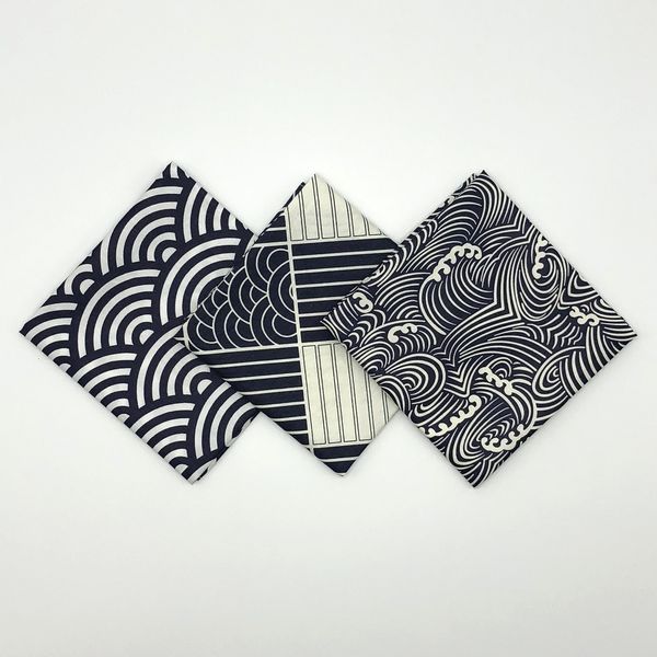 

japanese style big handkerchief cotton 100% / furoshiki japan classic tradition waves clouds grid printed 50cm / many uses, Blue;white