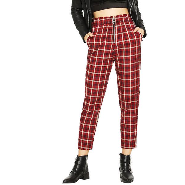 

fashion women high waist lattice printing zipper long trousers casual pockets pants summer plaid pants female #25a, Black;white