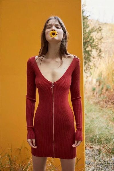 

v neck bag hip womens solid color long sleeve dress fashion ladies casual dresses womens designer dress with zipper, Black;gray