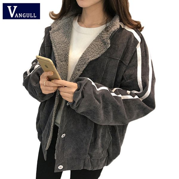 

women's jackets vangull women jacket winter cotton lamb velvet thick coat 2021 autumn casual female long sleeve side striped loose oute, Black;brown