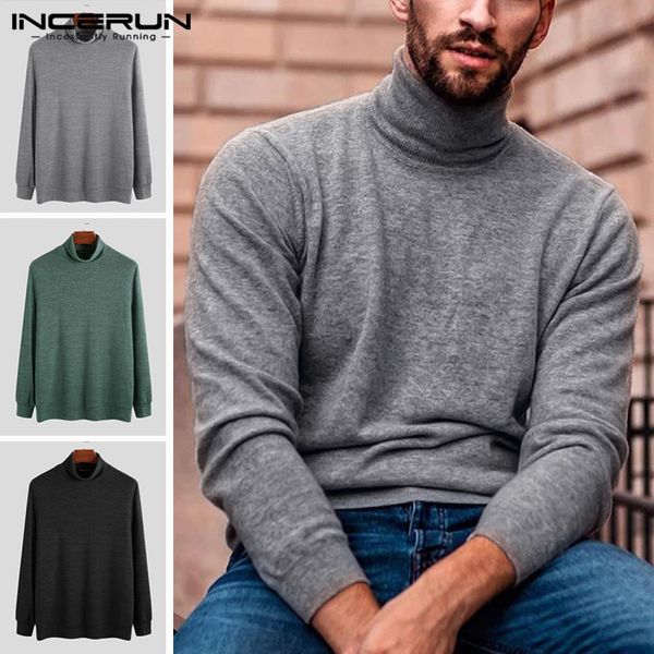 

incerun men long sleeve turtleneck solid color basic sweatshirt streetwear casual home wild mens pullover tee masculina, Black