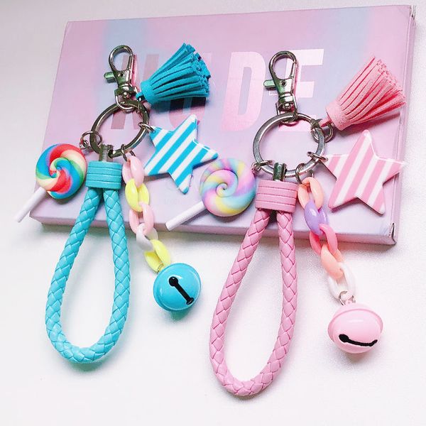 

new lovely cute rainbow key chain leather strap braided rope tassel keychain for women girl bell star lollipop bag charm pendant, Slivery;golden