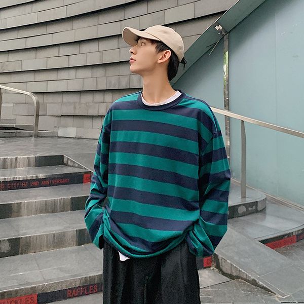 

2019 autumn new style stripes long-sleeved t-shirt a009-t57-p35 dark green 95% 5 dacron, White;black