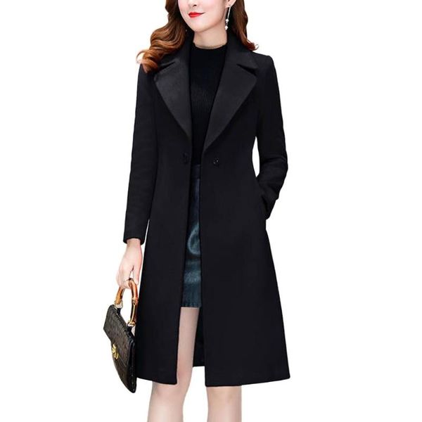 

temperament simple generous long sleeve coat double-breasted women cultivate oneself solid outwear cardigan woolen outfit, Black