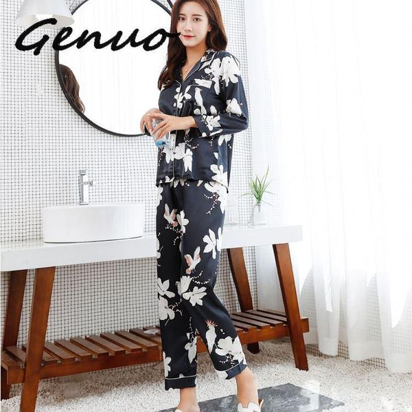 

pyjamas 2019 autumn winter satin sleepwear pijamas silk feeling long sleeve flower print pajamas sets for women pijama feminino, Black;red