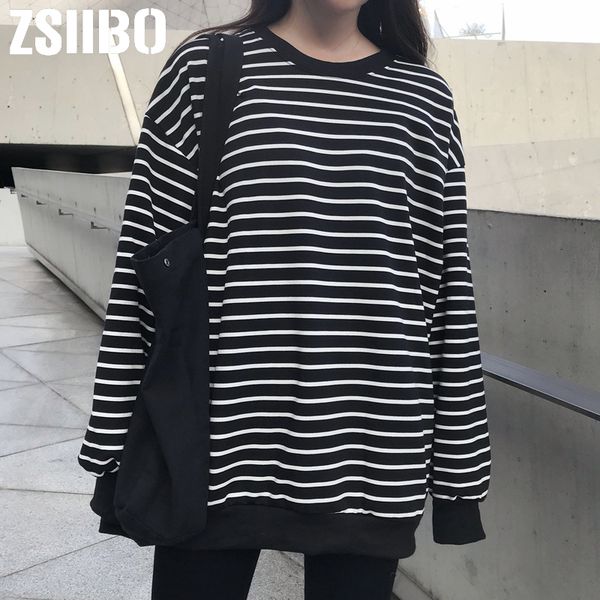 

harajuku women sweatshirt striped print 2019 winter and autumn casual o-neck loose long sleeve tracksuit women clothes, Black