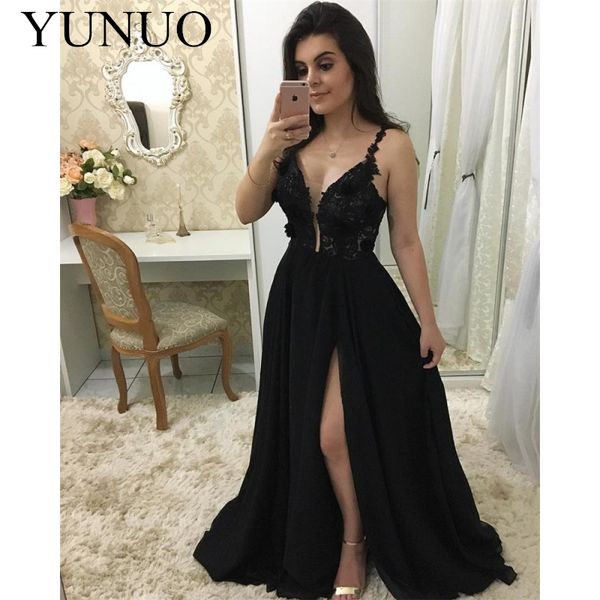 

gala jurken black lace chiffon arabic evening dresses 2019 illusion v-neck special occasion gowns side slit customized n45, White;black