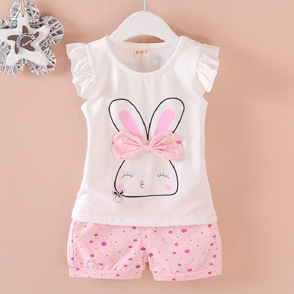 

baby girls clothing sets new summer newborn girl clothes pink bow tie rabbit tshirt + floral shorts children set, White