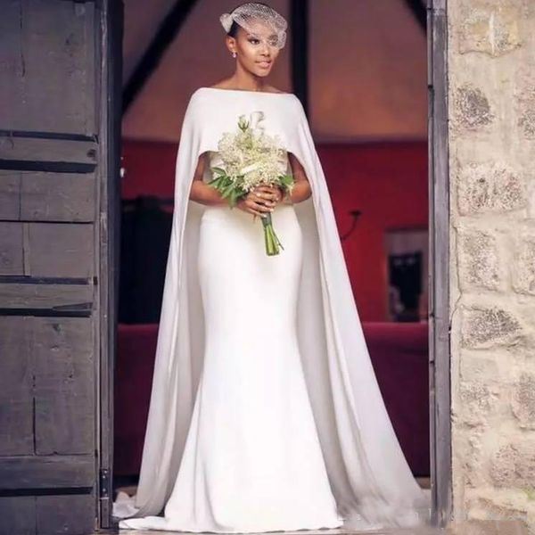 

2019 Simple Country Bateau Mermaid Wedding Dresses with Long Sweep Wraps Plus Size Bateau Neck Short Sleeve Formal Party Gowns for Bride
