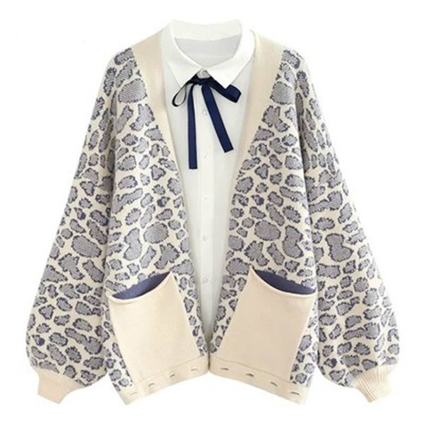 

women's knits & tees [ewq] sweet long sleeve v-neck leopard print knit sweater korean cute loose large size coat women wool spring 2021, White