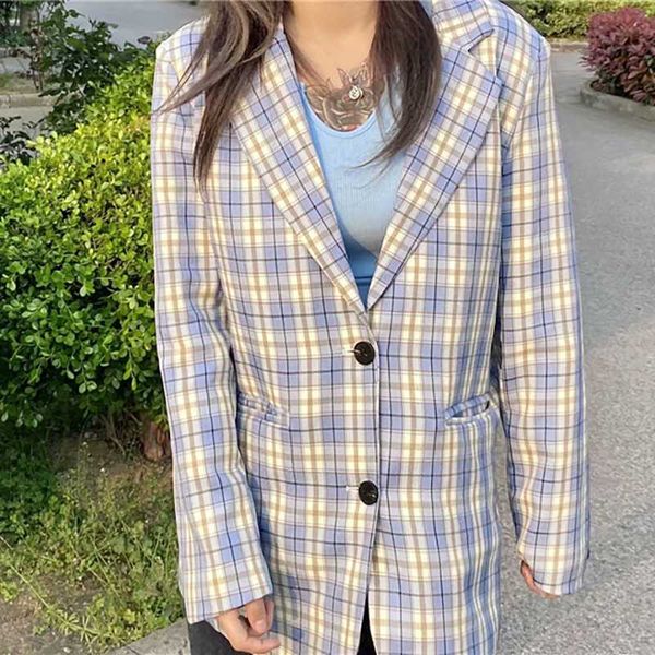 

2020 women fashion loose long plaid blazer female casual spring ins single breasted jacket for office lady blazer, White;black