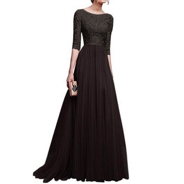 

women lace chiffon party dress lady high waist half sleeve solid mesh long dress s-3xl elegant formal chiffon banquet, White;black