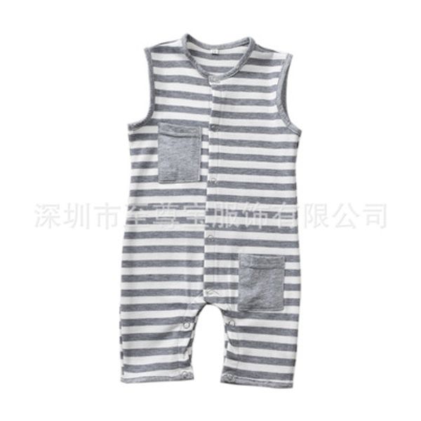 

2020 baby kids striped cotton pocket design romper toddler open buckle button rompers infant boys girls summer clothes, Blue
