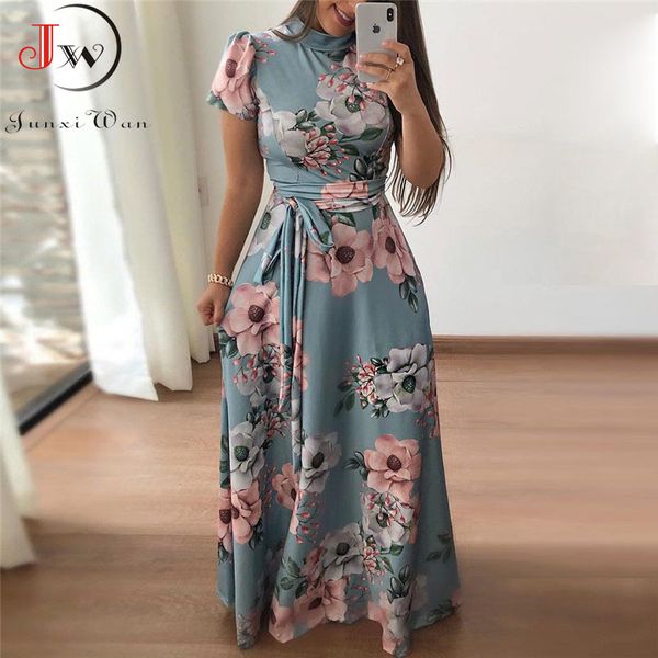 

women summer maxi dress 2019 casual short sleeve boho floral print long dress turtleneck bandage elegant party dresses vestidos, Black;gray