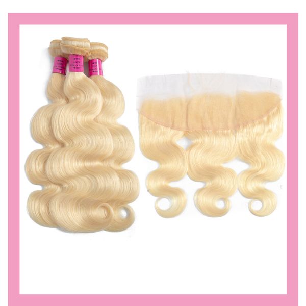 

peruvian human hair 613# color body wave 3 bundles with 13x4 lace frontal with baby hair blonde 4 pieces 613# cheap, Black;brown