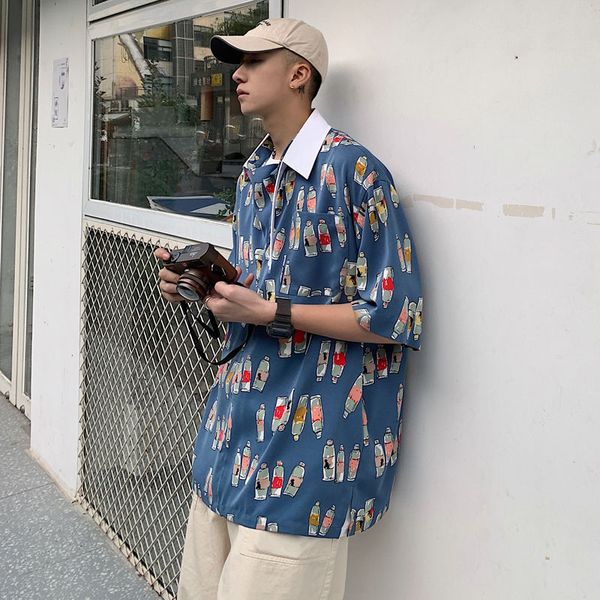 

men's shirt 2020 summer new slim pure color matching color mosaic short sleeve shirt loose leisure personality youth men's wear, White;black