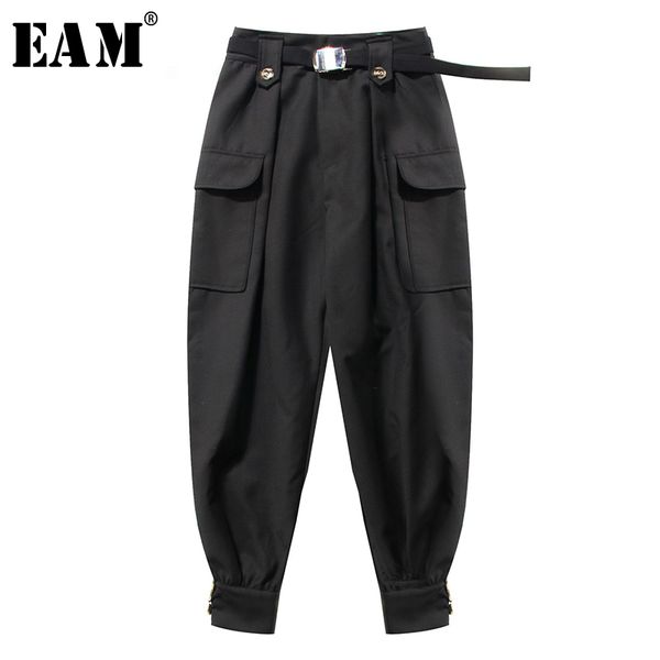 

eam] high elastic waist black pocket split joint long harem trousers new loose fit pants women fashion spring summer 2020 1t926, Black;white