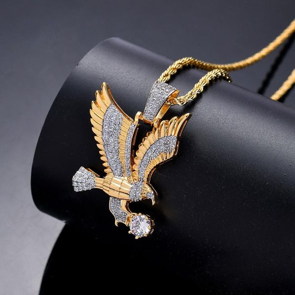 

new fashion gold plated full cubic zirconia bling hunting eagle pendant chain necklace hip hop iced diamond rock rapper jewelry gift for men, Silver