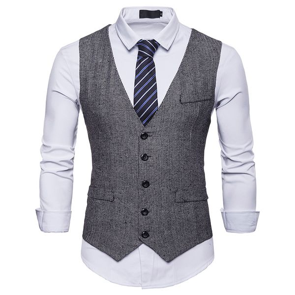 

british style vest men slim fit business mens dress vests 2018 new arrival herringbone wedding suit male waistcoat gilet homme, Black;white