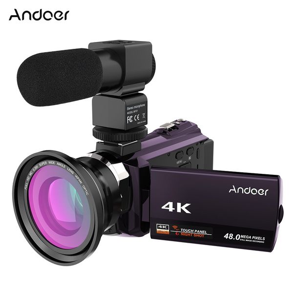 

andoer 4k 1080p 48mp wifi digital video camera camcorder recorder with 0.39x wide angle macro lens external microphone