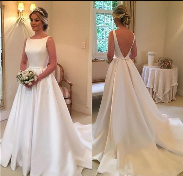 

2019 scoop neck a-line satin country wedding dresses backless chapel train bridal wedding gowns robe de mariee cheap, White