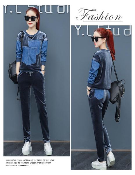 

золотое руно набор 2020 популярных женщины осени / зима новой случайной спортивной джинсовой свитер из двух частей набора трендов 2011 костю, Gray