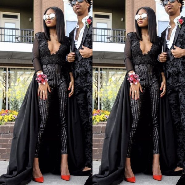 

2022 black prom dresses stunning jumpsuit evening wear long sleeves sequins beaded with detachable train custom made