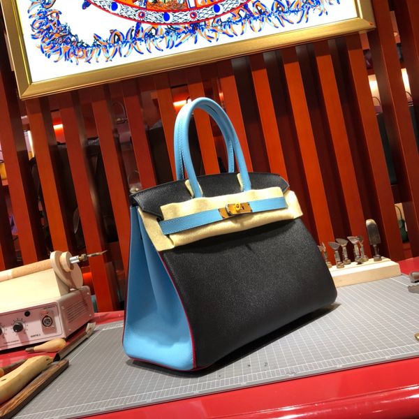 

wholesale,handmade original epsom leather black+blue brand bag30cm,wax thread,have gold and silver hardware,by order 10-15days,fast delivery
