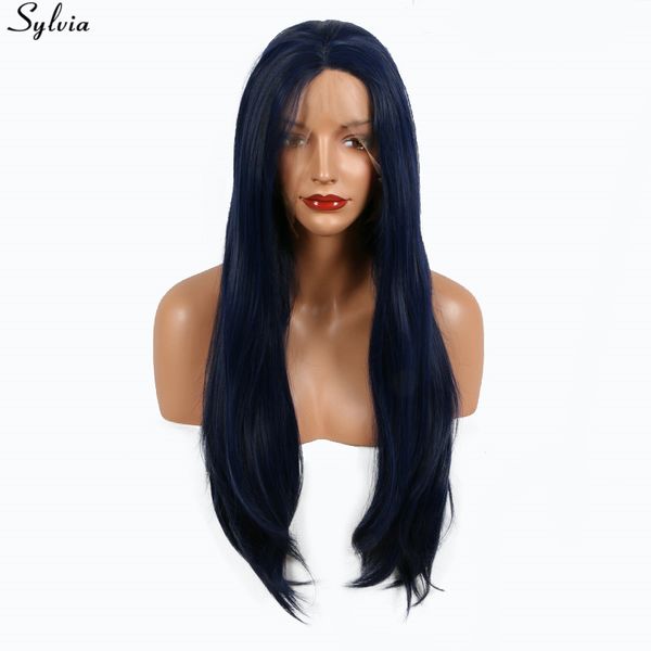 Compre Mezcla Color De Cabello Natural Recta Negro Mezclado Azul Marino Sintético Encaje Frontal Peluca Para Mujeres Maquillaje Fibra Resistente Al