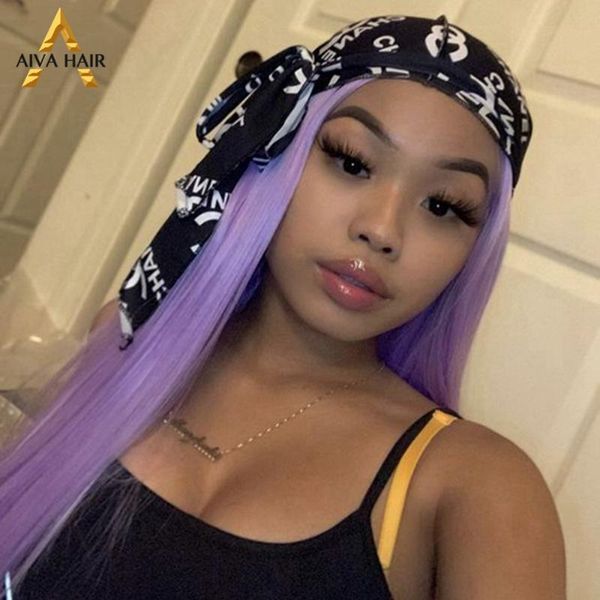 

aiva hair straight purple wig 180% density glueless synthetic lace front wig high temperature fiber straight for black women