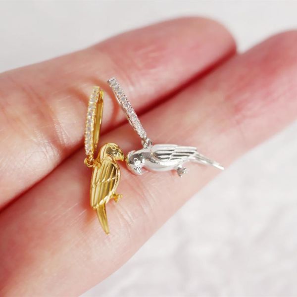 

100% 925 sterling silver earring toucan macaw parrot bird huggie hoops with pendant star moon cz hoop earrings for women, Golden;silver