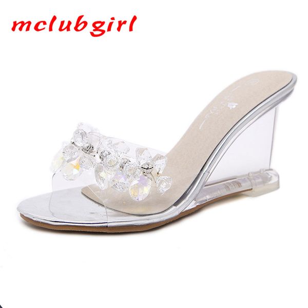 

mclubgirl women crystal slipper wedge sandals female crystal transparent high heels rhinestone wedge sandals lfd, Black