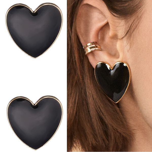 

big enamel heart stud earrings for women black oil gold street trendy jewelry statement love stud earring gifts for girlfriends, Silver